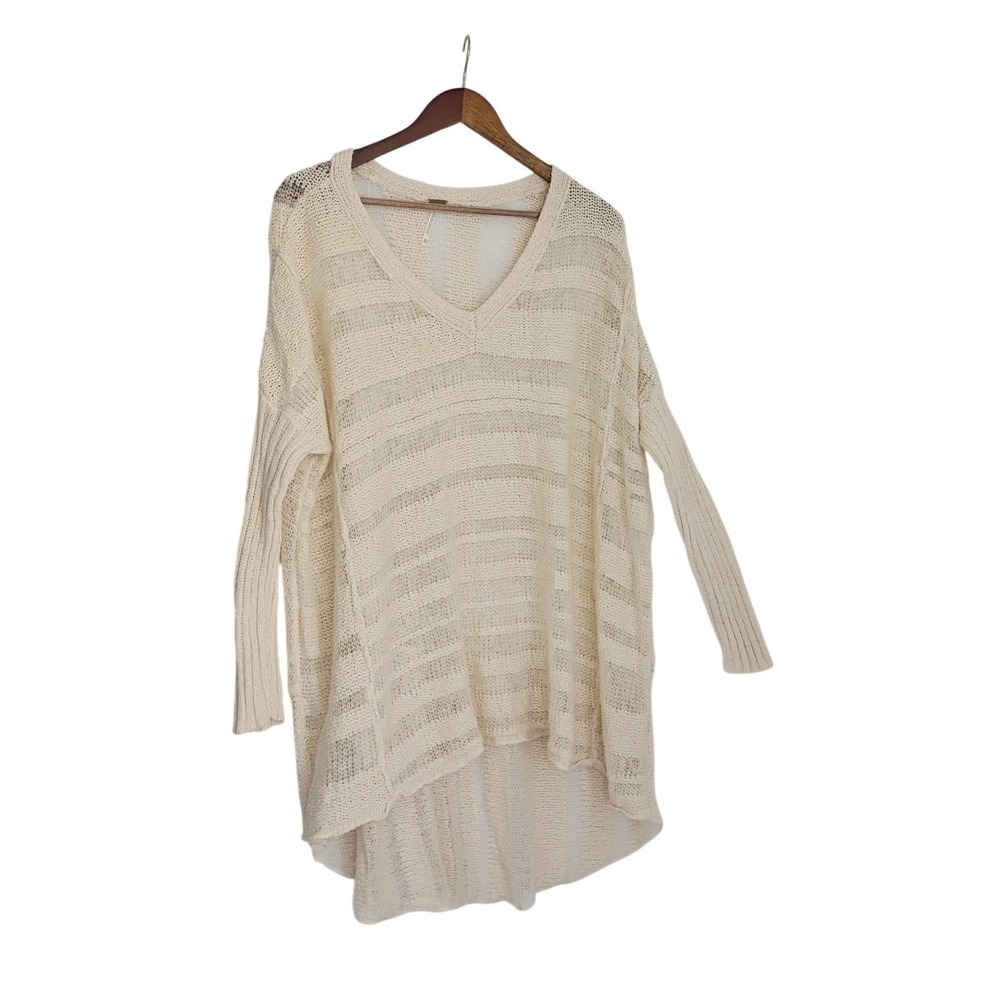 Free People Oversized Boho Open Knit Tunic Sweater Cream Striped V-Neck S/M - Picture 2 of 12